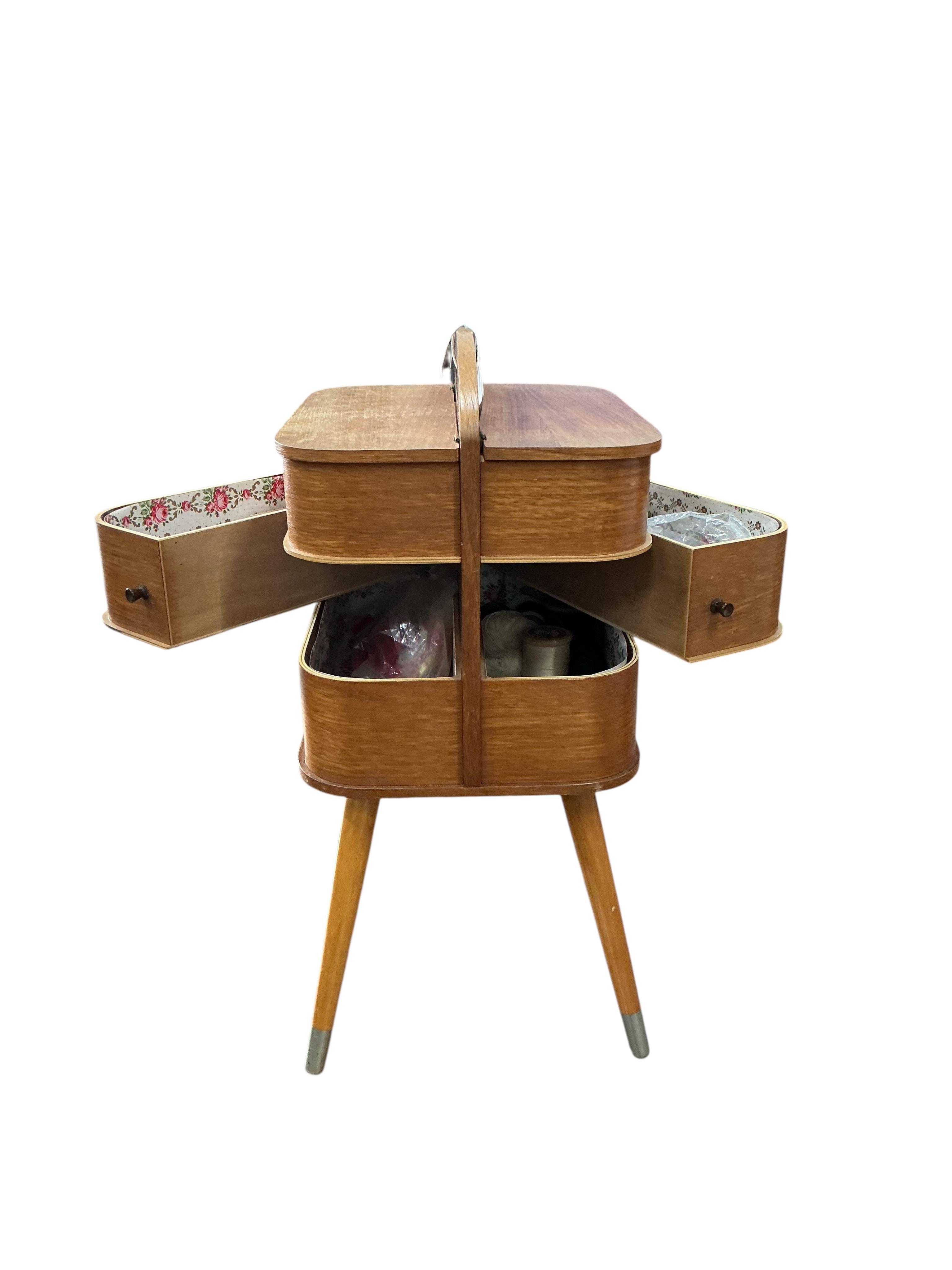 A mid century teak work box, width 35cm, depth 28cm, height 60cm